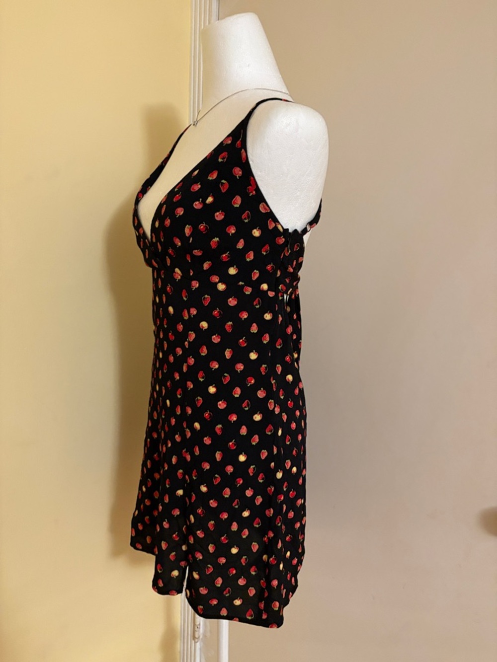 Kimchi Blue Black Mini Dress with Red & Gold Strawberry Print L - Picture 2 of 8